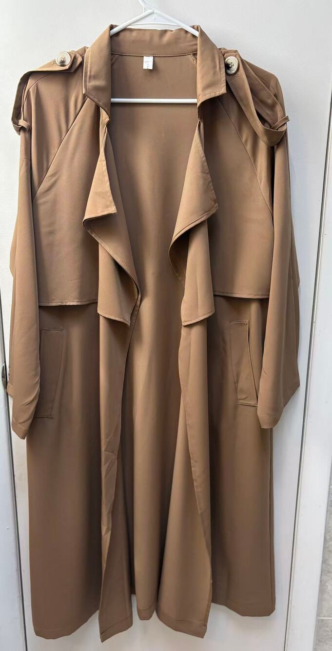 Womens Trench Coat Long Camel Brown Waterfall Duster Jacket Open Front Size XXL